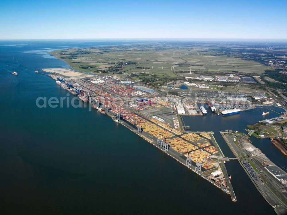 Aerial image Bremerhaven - The overseas port in Bremerhaven in the state of Bremen. View of the container terminal compound. The harbour group belongs to the Bremischen Haefen. It is the fourth largest universal harbour in Europe. The three container wharfs in Bremerhaven accumulate to one of the biggest container shipping sites in the world