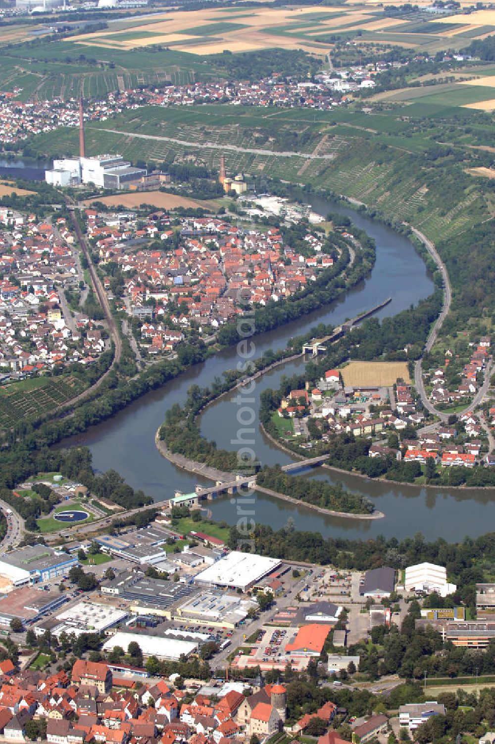 Aerial image Besigheim - Blick auf Besigheim mit Brücke über den Neckar, an der linken Seite ist die Kläranlage sichtbar.