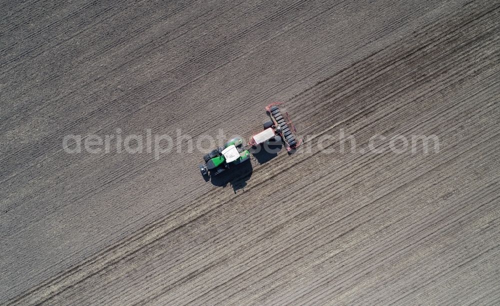 Mallnow from the bird's eye view: Cultivation of a field using a tractor with agricultural machine for sowing with corn seeds in Mallnow in the state Brandenburg, Germany