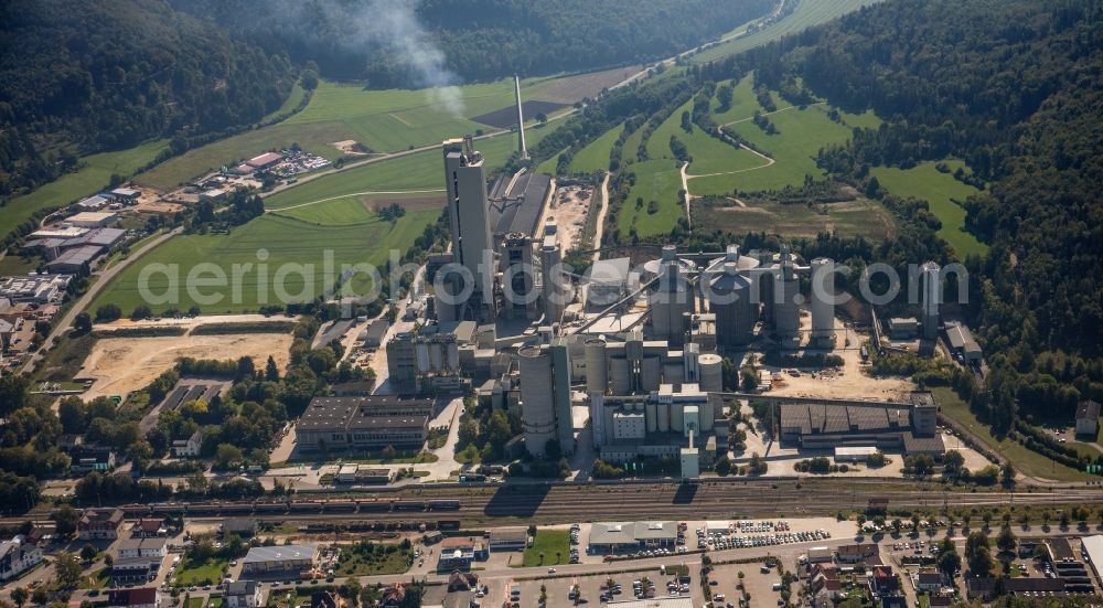 Schelklingen from the bird's eye view: Mixed concrete and building materials factory of of Heidelberg Cement AG in Schelklingen in the state Baden-Wuerttemberg, Germany