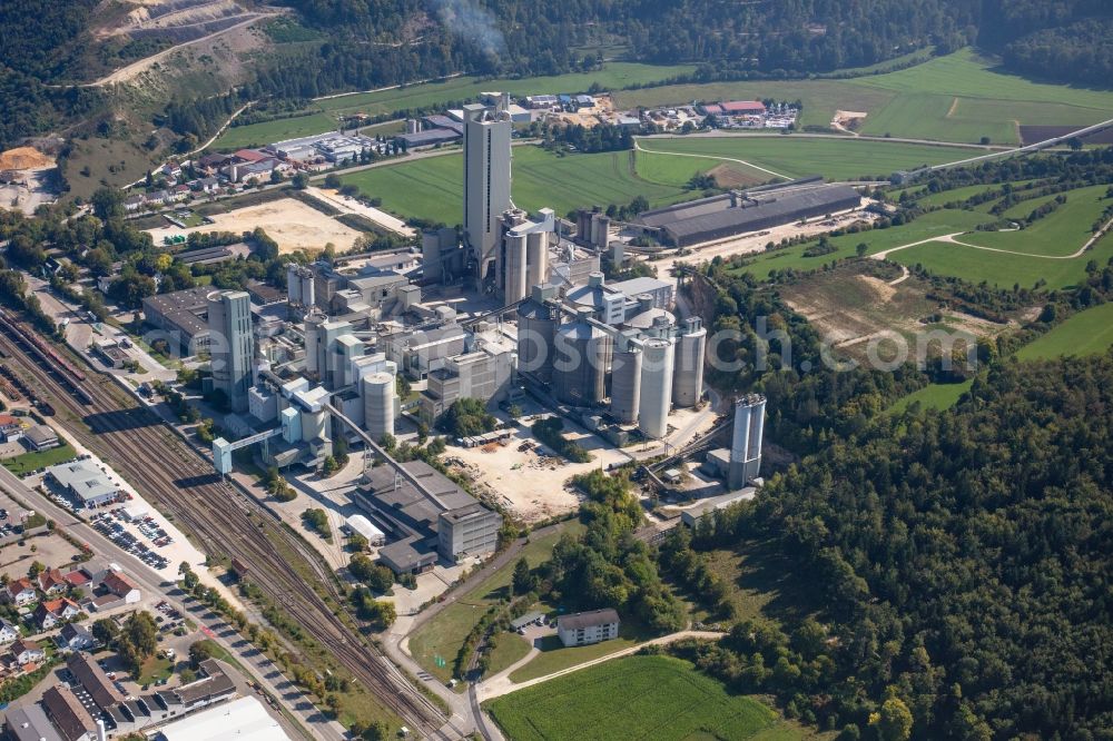 Schelklingen from above - Mixed concrete and building materials factory of of Heidelberg Cement AG in Schelklingen in the state Baden-Wuerttemberg, Germany