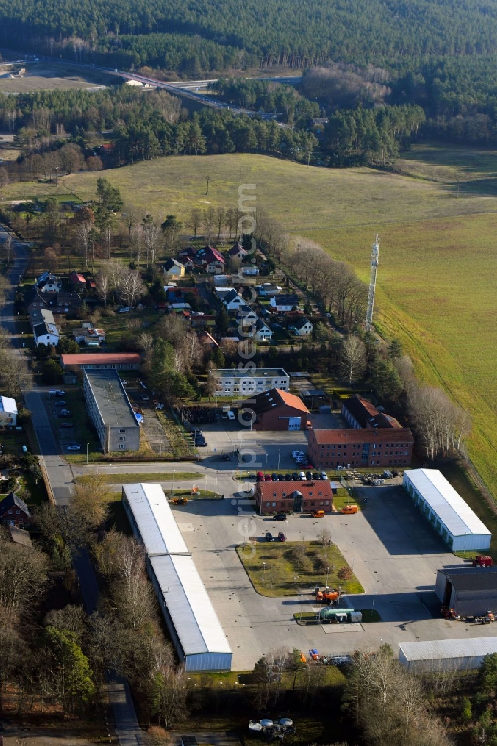 Aerial image Petersdorf - Site of the depot of the of Autobahnmeisterei Malchow on Lenzer Strasse in Petersdorf in the state Mecklenburg - Western Pomerania, Germany