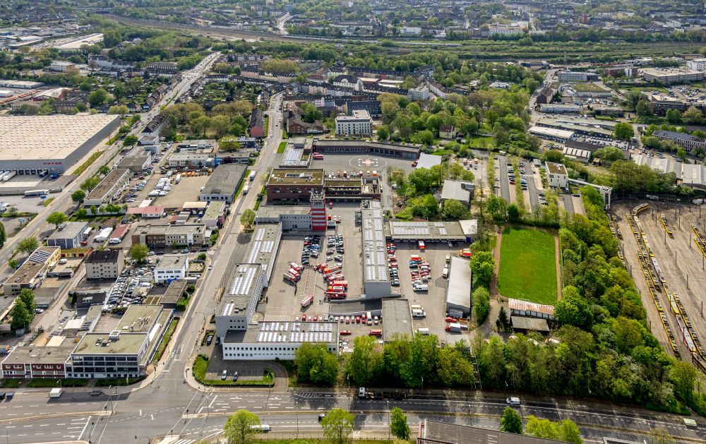 Essen from above - Firehouse - site of the fire depot of the professional fire eating at the Iron Hand in Essen in North Rhine-Westphalia