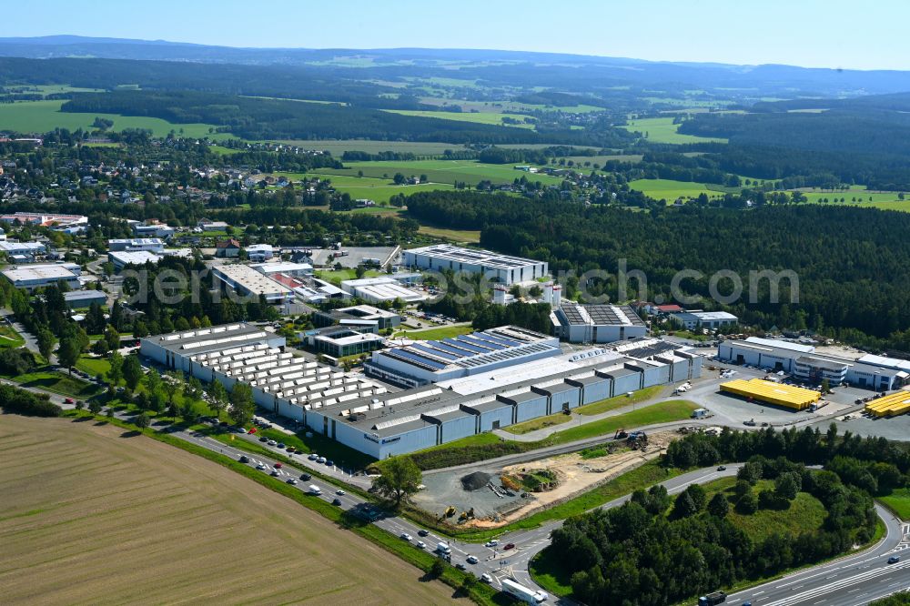 Treuen from above - Site of the depot of the of GOLDBECK Ost GmbH on street Zum Bahndamm in the district Hartmannsgruen in Treuen in the state Saxony, Germany