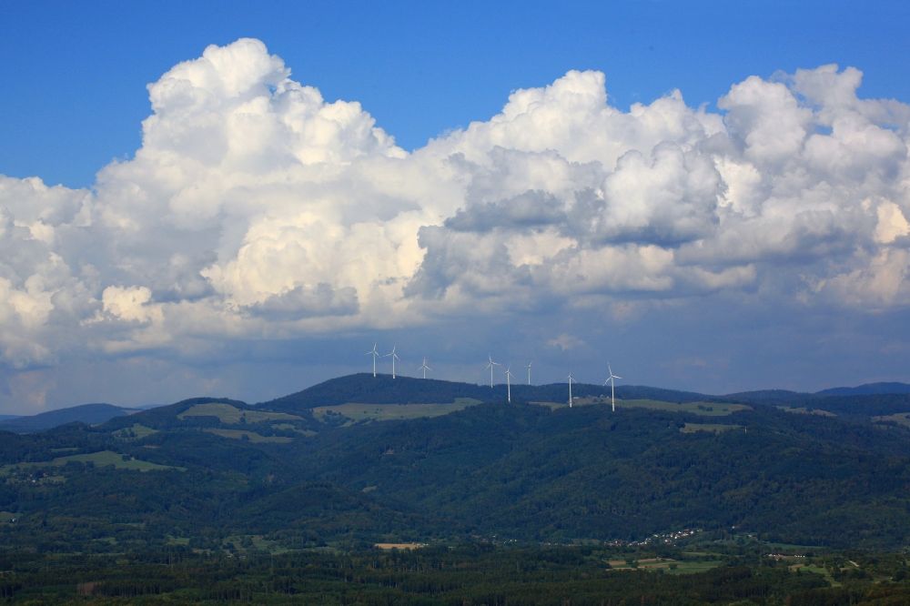 Aerial image Hasel - Clouds above the mountains and wind turbines on the summits in the landscape of the Black Forest in the area of Hasel in the state Baden-Wurttemberg, Germany