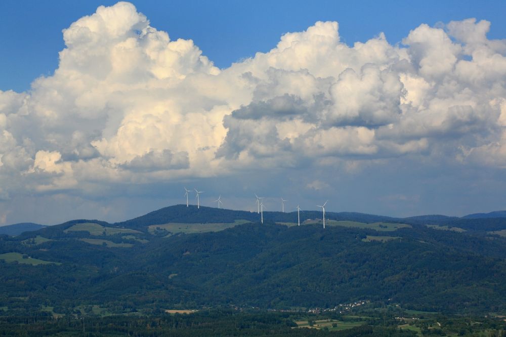 Aerial photograph Hasel - Clouds above the mountains and wind turbines on the summits in the landscape of the Black Forest in the area of Hasel in the state Baden-Wurttemberg, Germany