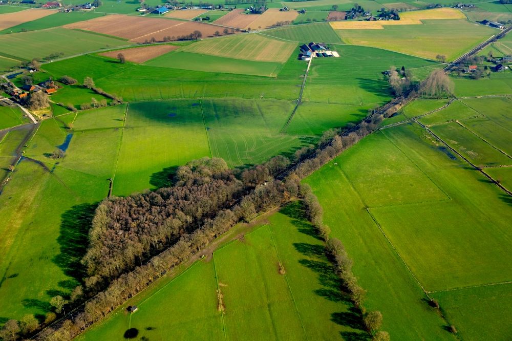 Rees from the bird's eye view: Railway tracks amidst agricultural fields of Betuwe- Route in the North of Rees in the state of North Rhine-Westphalia