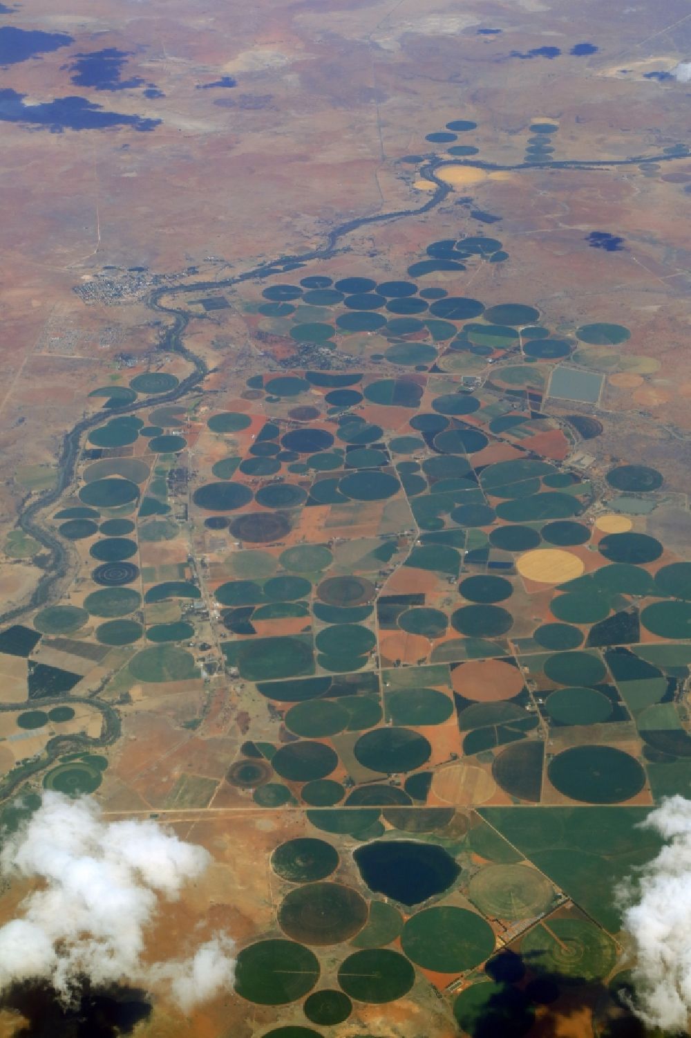 Jacobsdal from the bird's eye view: Agricultural landscape at the Riet river ( Rietrivier ) in Jakobsdal in Free State, South Africa