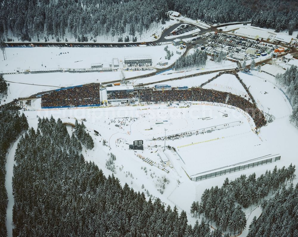 Aerial photograph Oberhof - View of the snow-covered terrain of the Biathlon World Championships in Oberhof Thuringia