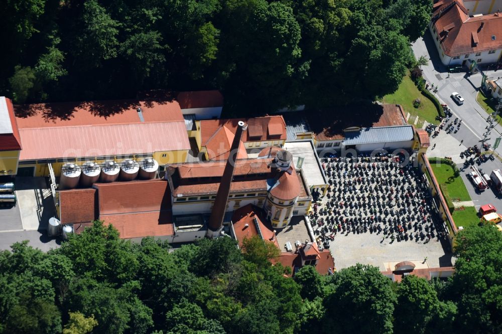 Passau from above - Building and production halls on the premises of the brewery Brauerei Hacklberg in the district Hacklberg in Passau in the state Bavaria, Germany