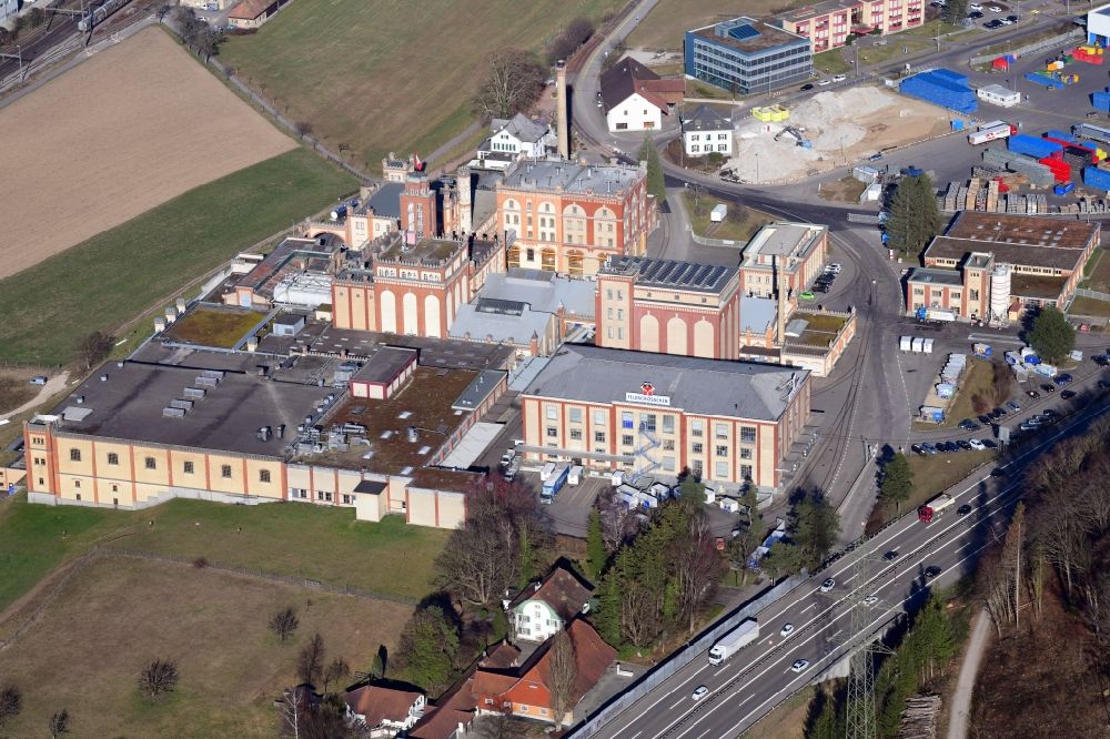 Aerial image Rheinfelden - Historical buildings and production halls on the premises of the brewery Feldschloesschen in Rheinfelden in the canton Aargau, Switzerland
