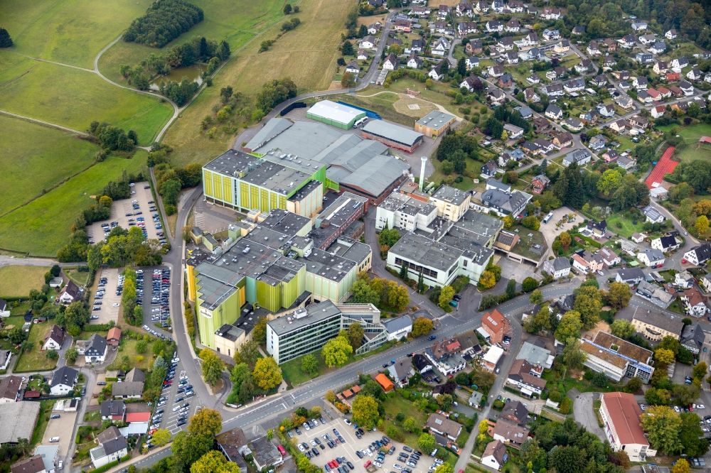 Kreuztal from above - Building and production halls on the premises of the brewery Krombacher Brauerei on Hagener Strasse in Kreuztal in the state North Rhine-Westphalia, Germany