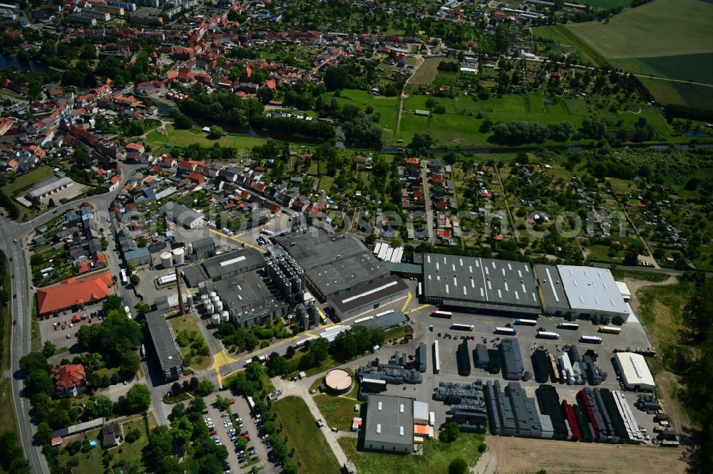 Lübz from above - Building and production halls on the premises of the brewery Mecklenburgische Brauerei Luebz GmbH on Eisenbeissstrasse in Luebz in the state Mecklenburg - Western Pomerania, Germany