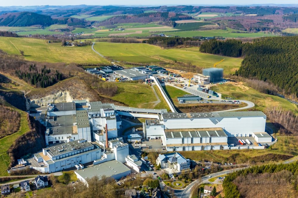 Grevenstein from above - Buildings and production halls on the factory premises of the brewery - Veltinsbrauerei An der Streue in Grevenstein in the state of North Rhine-Westphalia