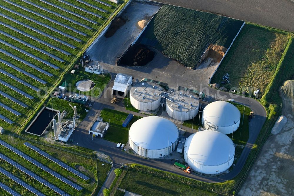 Oberkrämer from the bird's eye view: Biogas - plant on solar park in Oberkraemer in Brandenburg