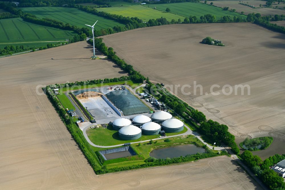 Aerial image Blumendorf - Biogas storage tank in biogas park BBE Blumendorf Bio-Energie GmbH & Co. KG in Blumendorf in the state Schleswig-Holstein, Germany