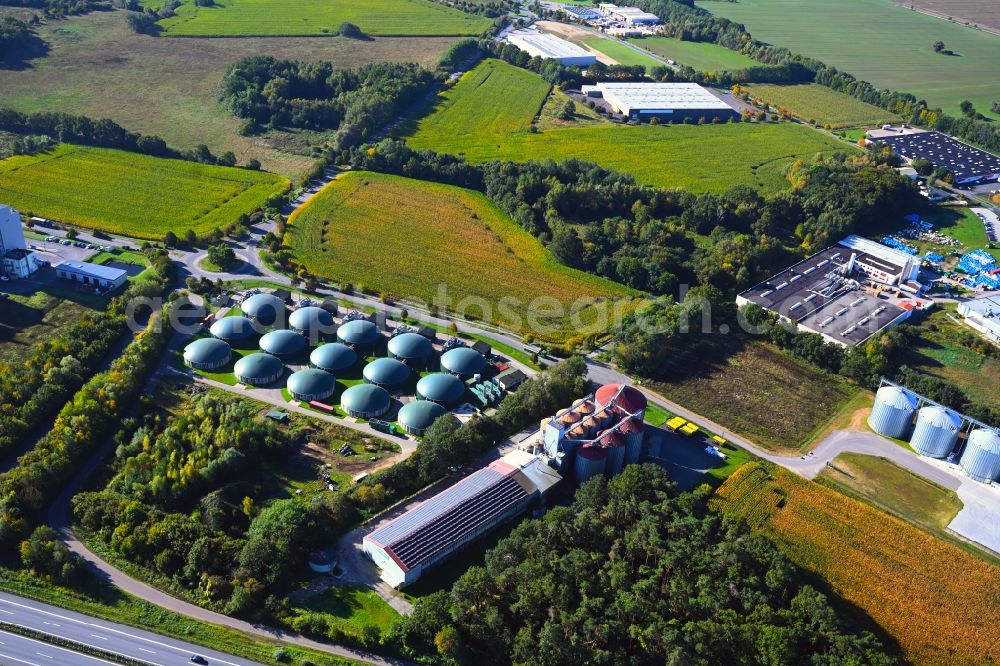Gerdshagen from the bird's eye view: Biogas storage tank in biogas park of ForFarmers GmbH in Gerdshagen in the state Brandenburg, Germany