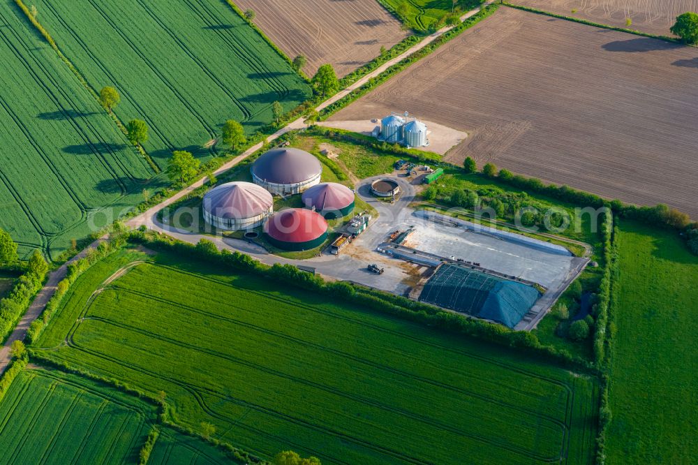 Grove from above - Biogas storage tank in biogas park in Grove in the state Schleswig-Holstein, Germany
