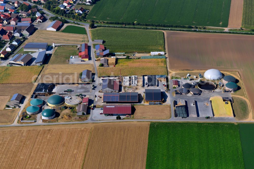 Hopferstadt from the bird's eye view: Biogas storage tank in biogas park Biogashof Duechs in Hopferstadt in the state Bavaria, Germany
