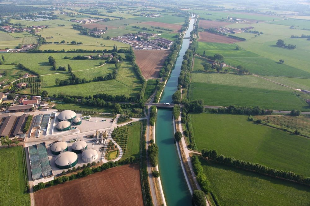 Marmirolo from the bird's eye view: Biogas storage tank in biogas park of BTS in Marmirolo in Lobardy, Italy