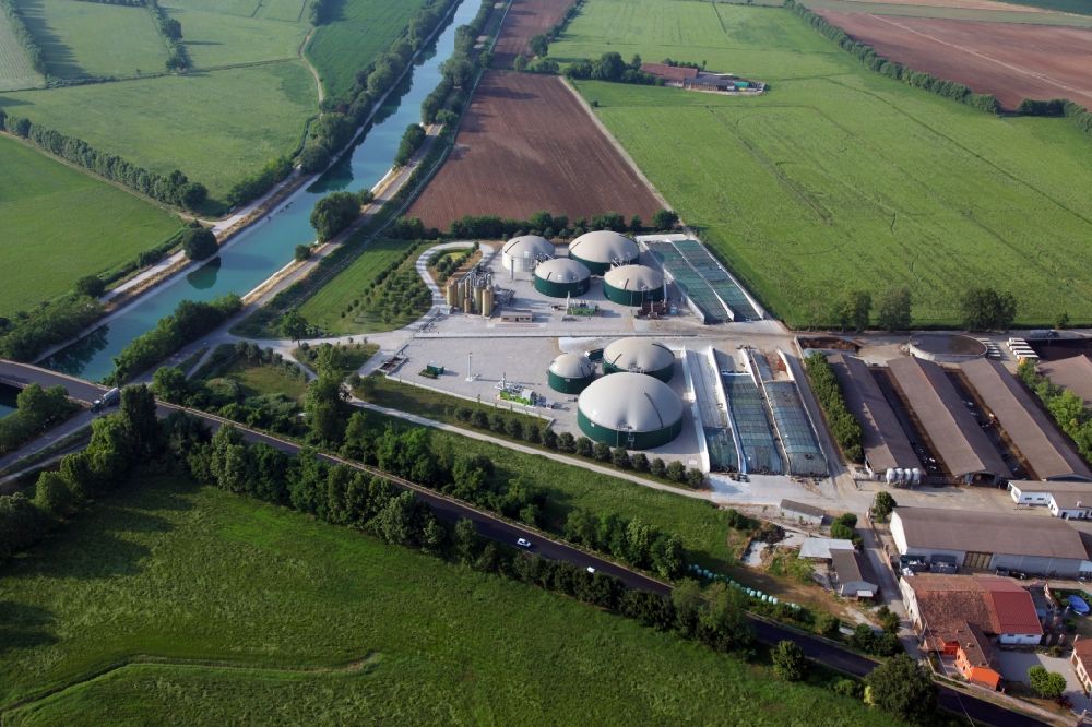 Aerial image Marmirolo - Biogas storage tank in biogas park of BTS in Marmirolo in Lobardy, Italy