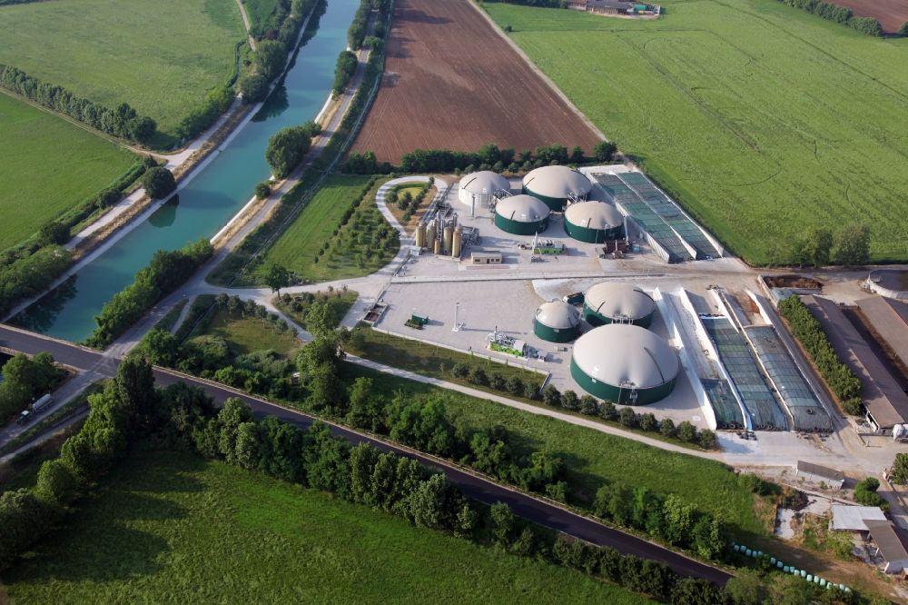 Aerial photograph Marmirolo - Biogas storage tank in biogas park of BTS in Marmirolo in Lobardy, Italy