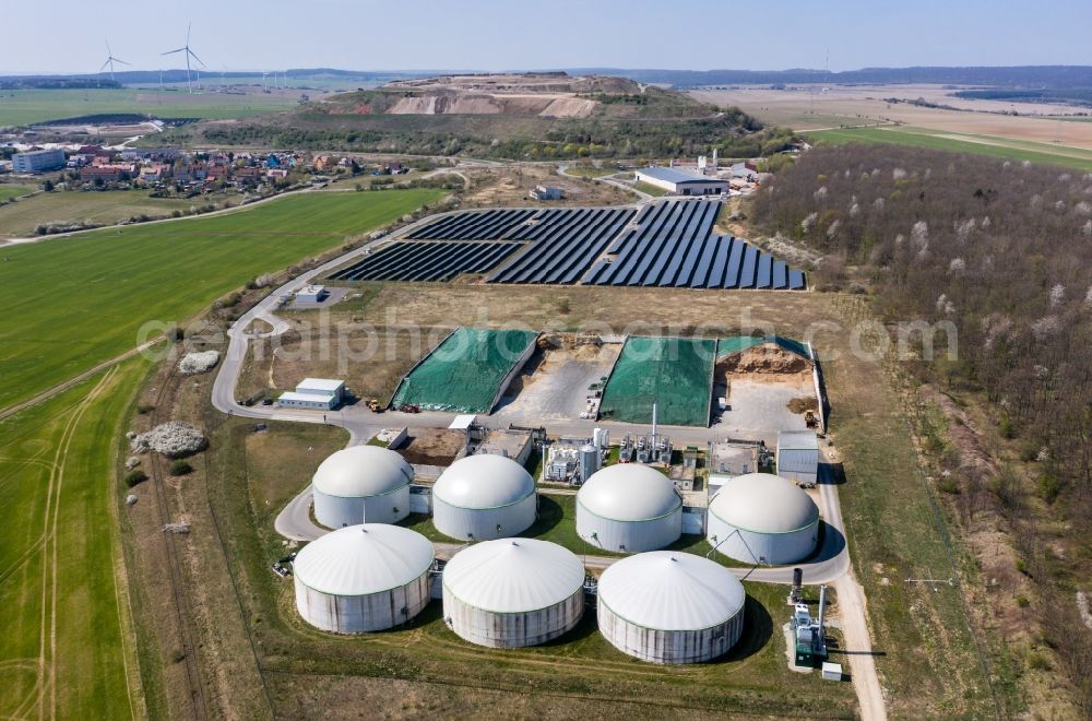 Menteroda from the bird's eye view: Biogas storage tank in biogas park of Biomethan Menteroda GmbH in Menteroda in the state Thuringia, Germany