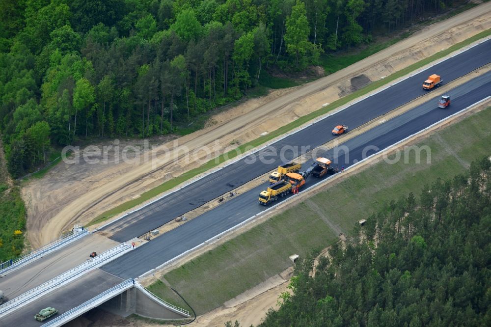 Aerial image Ludwigslust - Bitumen - mixing plant to the driving surface production to the construction site on the traffic flow on the motorway junction of the A14 motorway at exit Ludwigslust in Mecklenburg - Western Pomerania