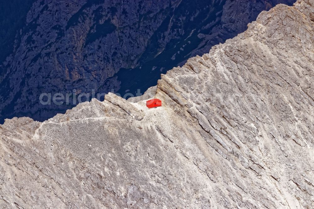 Aerial photograph Grainau - Bivouac shelter Jubilaeumsgrathuette in the rocks and mountains of the Wetterstein mountains near Garmisch-Partenkirchen the state Bavaria, Germany
