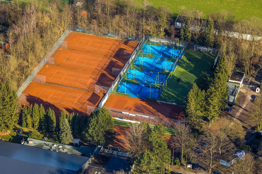 Bochum from the bird's eye view: Blue colored tennis sports complex on street Am Leithenhaus in the district Langendreer in Bochum at Ruhrgebiet in the state North Rhine-Westphalia, Germany