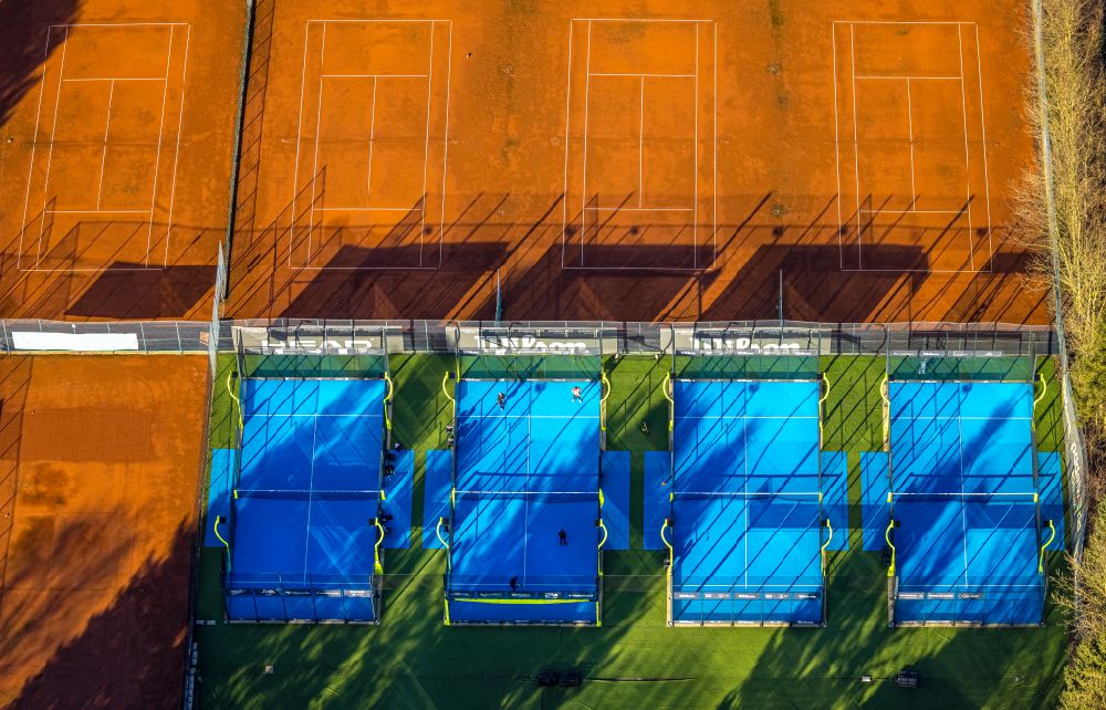 Bochum from above - Blue colored tennis sports complex on street Am Leithenhaus in the district Langendreer in Bochum at Ruhrgebiet in the state North Rhine-Westphalia, Germany