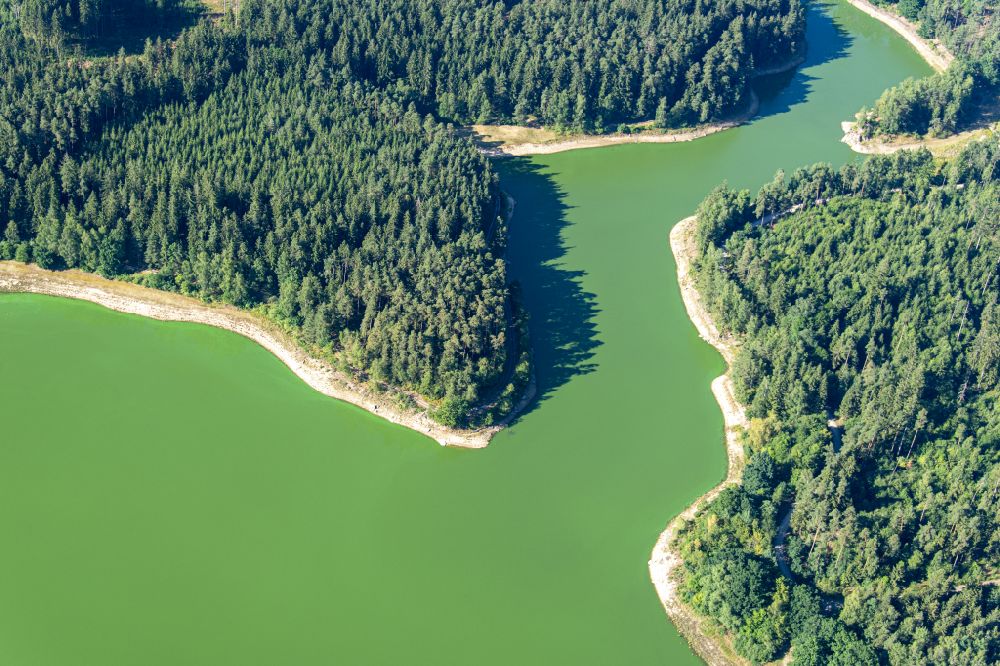Plößberg from the bird's eye view: Blue algae in the dam and shore areas at the lake Liebenstein in Ploessberg in the state Bavaria, Germany