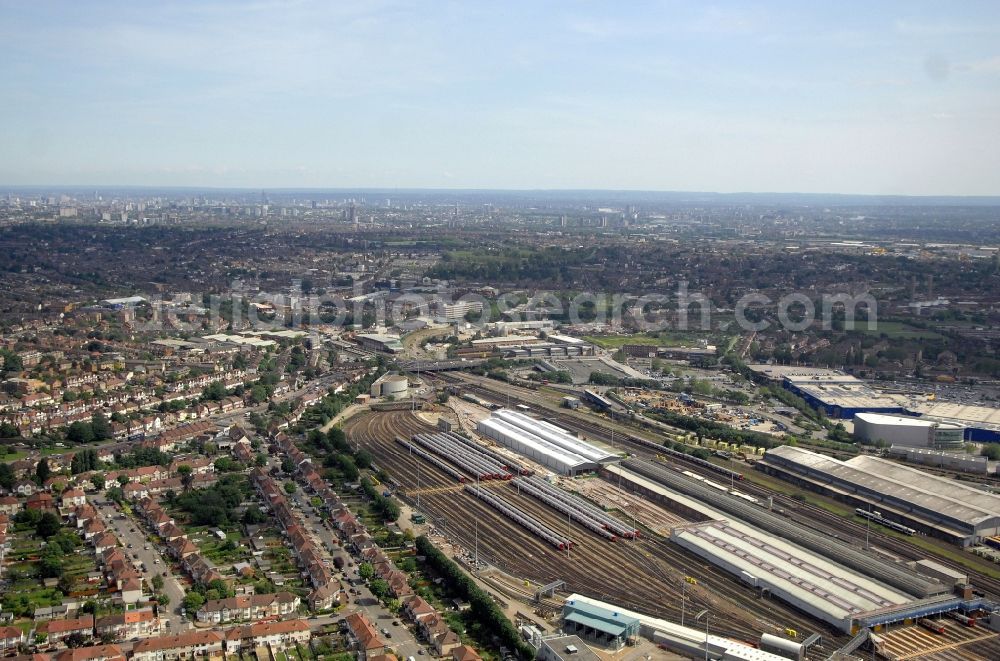 Aerial photograph Stonebridge Ward - View of the metro depot Neasden Rail Depot in London. The depot is located on the Metropolitan Line between the stations Neasden and Wembley Park. Until 1898, it was also a factory that produced locomotives. Now, the depot is the largest in the London Underground and leads four old A Stock and 54 new S Stock vehicles