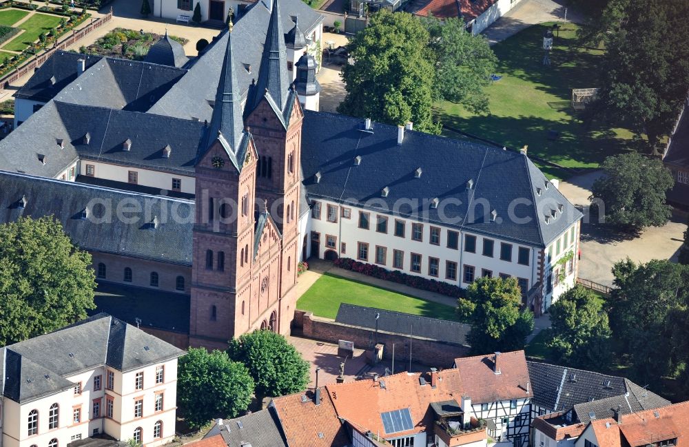 Seligenstadt from above - View of the Basilica of St. Marcellinus and Peter in Seligenstadt in Hesse. It is the remains of a monastery that was founded in 834, and has a garden. After secularization of the abbey in 1803, the Basilica became a catholic parish church in 1812