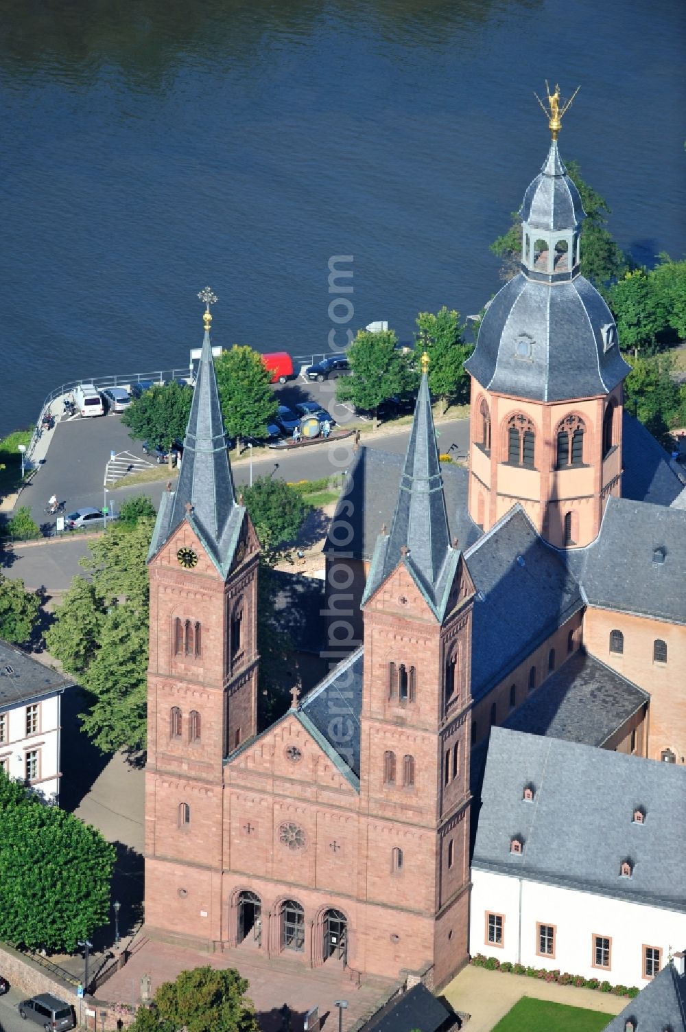 Seligenstadt from above - View of the Basilica of St. Marcellinus and Peter in Seligenstadt in Hesse. It is the remains of a monastery that was founded in 834, and has a garden. After secularization of the abbey in 1803, the Basilica became a catholic parish church in 1812