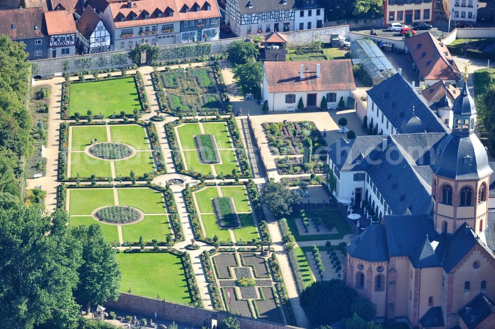 Aerial image Seligenstadt - View of the Basilica of St. Marcellinus and Peter in Seligenstadt in Hesse. It is the remains of a monastery that was founded in 834, and has a garden. After secularization of the abbey in 1803, the Basilica became a catholic parish church in 1812