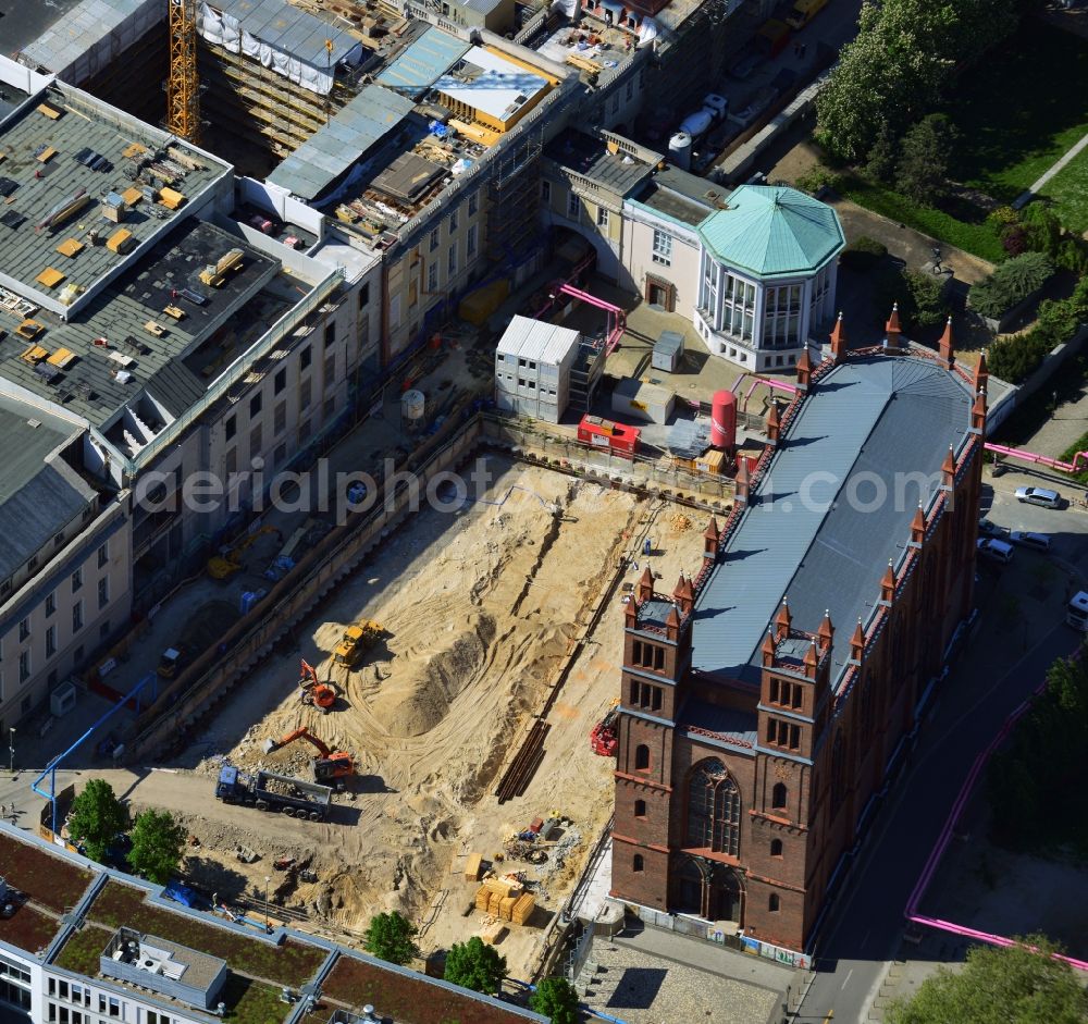 Berlin from above - View of construction site of the Kronprinzengärten in Berlin-Mitte. On the area between the Federal Foreign Office, the Kronprinzenpalais, the Friedrichswerder Church and the Oberwallstreet created an exclusive building complex of luxury apartments. This new project is implemented by the Bauwert Investment Group