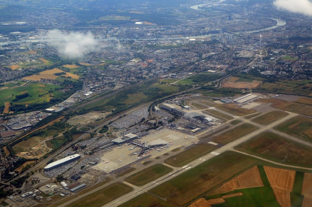 Aerial image Saint-Louis - Runways on the grounds of the Euroairport LFSB in Saint-Louis in Grand Est, France. Looking to the City of Basle, Switzerland