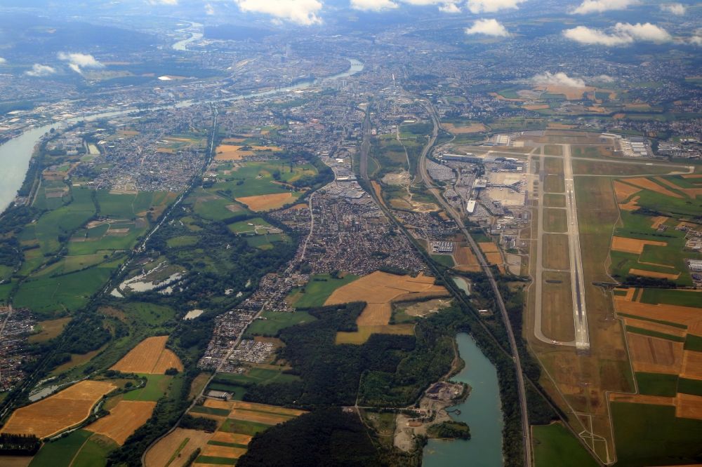 Saint-Louis from above - Runways on the grounds of the Euroairport LFSB in Saint-Louis in Grand Est, France. Looking to the City of Basle, Switzerland