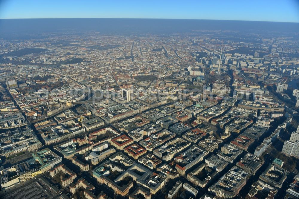 Aerial photograph Berlin - Overlooking the center of Berlin district of Neukoelln from from. Prominent buildings are the cathedral of Berlin, the TV tower, the Town Hall and the International trade centre Berlin