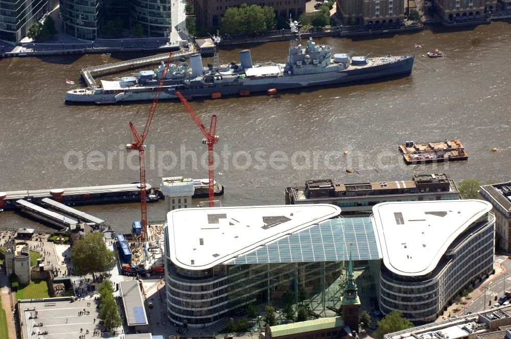 Riverside Ward from the bird's eye view: View of the British warship HMS Belfast on the Thames in London. The ship, which was built in 1936 and belongs to the Town-class, was the largest light cruiser of the Royal Navy during World War II. It is anchored on the Thames and is now a museum