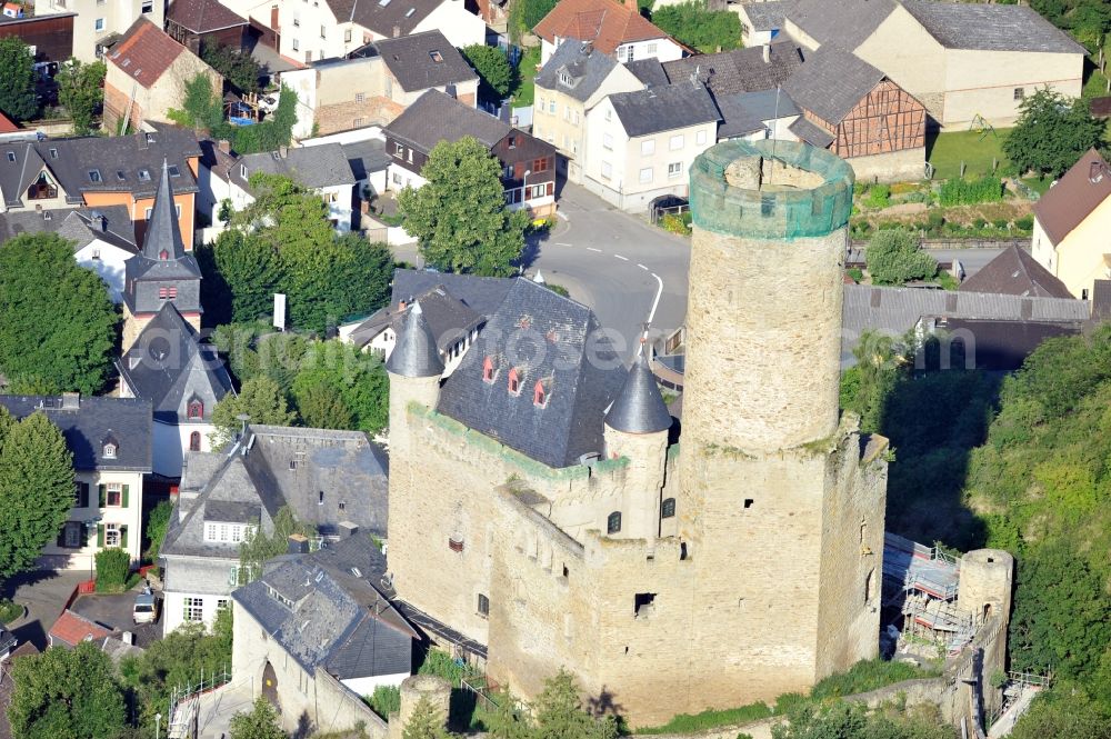 Burgschwalbach from the bird's eye view: View of the castle Schwalbach near Burgschwalbach in the state of Rhineland-Palatinate. The late medieval hilltop castle was created in 1368, of which the keep, a round courtyard, a hall, a palace and a city wall with two towers have been preserved. Since 2004, there was a restaurant in the castle that has already been opened in 1858