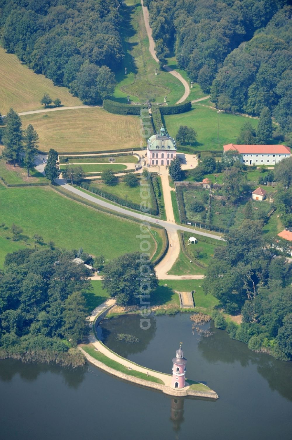 Moritzburg from above - View of the Pheasant castle at the castle pond in the small town Moritzburg in Saxony.The Pheasant castle is located in the 1728 built pheasant scale and is now a museum