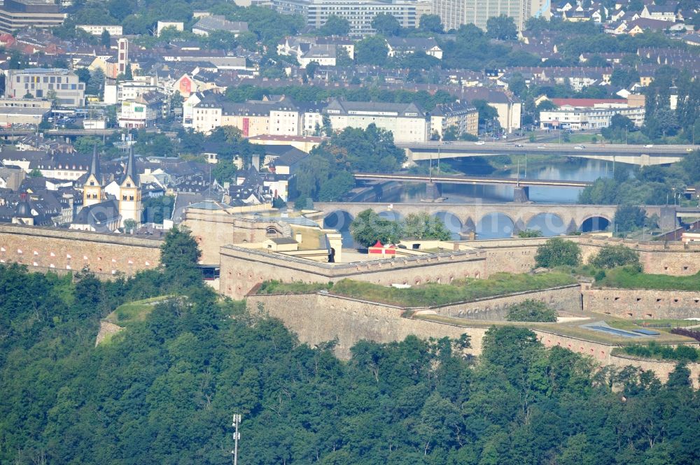 Aerial photograph Koblenz - View of the fort Ehrenbreitstein across from the mouth of the Moselle near Koblenz. The fortification, which has existed since the 16. century, was used by the Prussian army until 1918 and is now owned by the state of Rhineland-Palatinate. It houses the State Museum Koblenz, the hostel Koblenz, the memorial of the German land forces as well as various administrative agencies. Since 2002, the fortress is a UNESCO World Heritage Upper Middle Rhine Valley, and cultural property protected under the Hague Convention