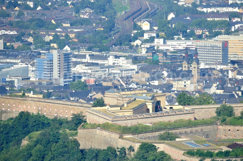 Aerial image Koblenz - View of the fort Ehrenbreitstein across from the mouth of the Moselle near Koblenz. The fortification, which has existed since the 16. century, was used by the Prussian army until 1918 and is now owned by the state of Rhineland-Palatinate. It houses the State Museum Koblenz, the hostel Koblenz, the memorial of the German land forces as well as various administrative agencies. Since 2002, the fortress is a UNESCO World Heritage Upper Middle Rhine Valley, and cultural property protected under the Hague Convention