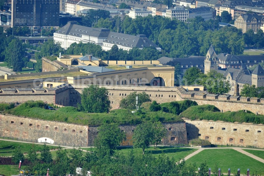 Aerial photograph Koblenz - View of the fort Ehrenbreitstein across from the mouth of the Moselle near Koblenz. The fortification, which has existed since the 16. century, was used by the Prussian army until 1918 and is now owned by the state of Rhineland-Palatinate. It houses the State Museum Koblenz, the hostel Koblenz, the memorial of the German land forces as well as various administrative agencies. Since 2002, the fortress is a UNESCO World Heritage Upper Middle Rhine Valley, and cultural property protected under the Hague Convention