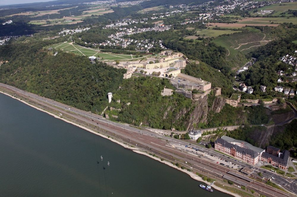 Aerial image Koblenz - View of the fort Ehrenbreitstein at Koblenz. The fortification, which has existed since the 16. century, was used by the Prussian army and is now owned by the state of Rhineland-Palatinate. It houses the State Museum Koblenz, the hostel Koblenz, the memorial of the German land forces as well as various administrative agencies. Today the fortress is a UNESCO World Heritage Upper Middle Rhine Valley, and cultural property protected under the Hague Convention
