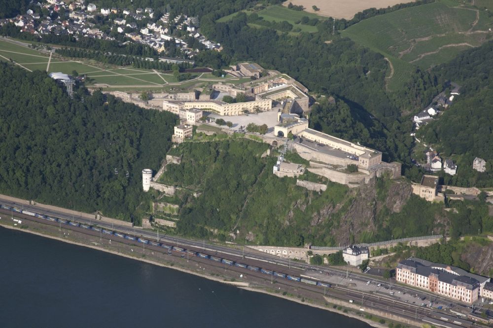 Koblenz from above - View of the fort Ehrenbreitstein at Koblenz in the state rhineland palatinate. The fortification, which has existed since the 16. century, was used by the Prussian army and is now owned by the state of Rhineland-Palatinate. It houses the State Museum Koblenz, the hostel Koblenz, the memorial of the German land forces as well as various administrative agencies. Today the fortress is a UNESCO World Heritage Upper Middle Rhine Valley, and cultural property protected under the Hague Convention