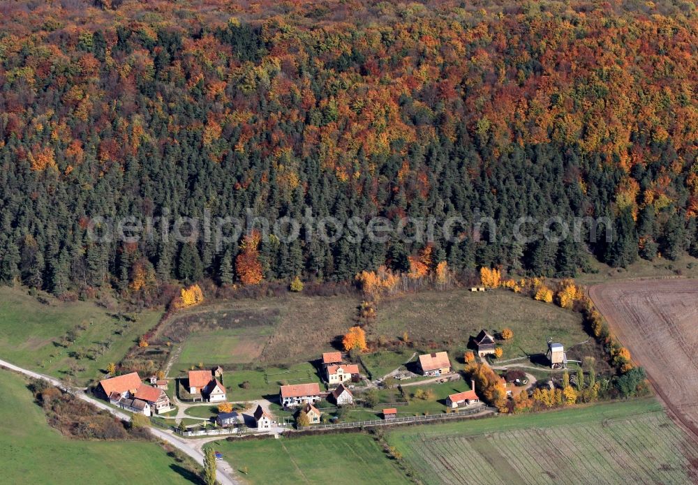 Aerial image Hohenfelden - View of autumn colored trees in the forest at the Open Air Museum at Hohenfelden Hohenfelden in Thuringia