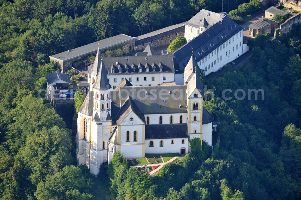 Obernhof from above - View of the monastery Arnstein near Obernhof in the state of Rhineland-Palatinate. The building, which was first mentioned in 1052, is a former Premonstratensian abbey, now a convent of the Congregation of the Sacred Hearts of Jesus and Mary (SSCC), which also is called Arnsteiner Patres and is in charge of a youth center there